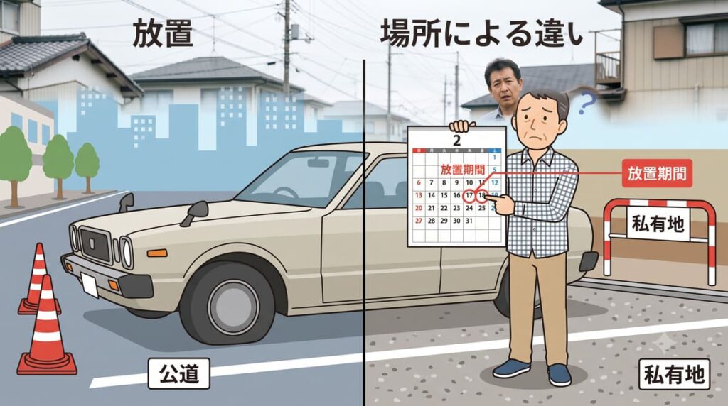 道と私有地での放置車両の扱いの違い