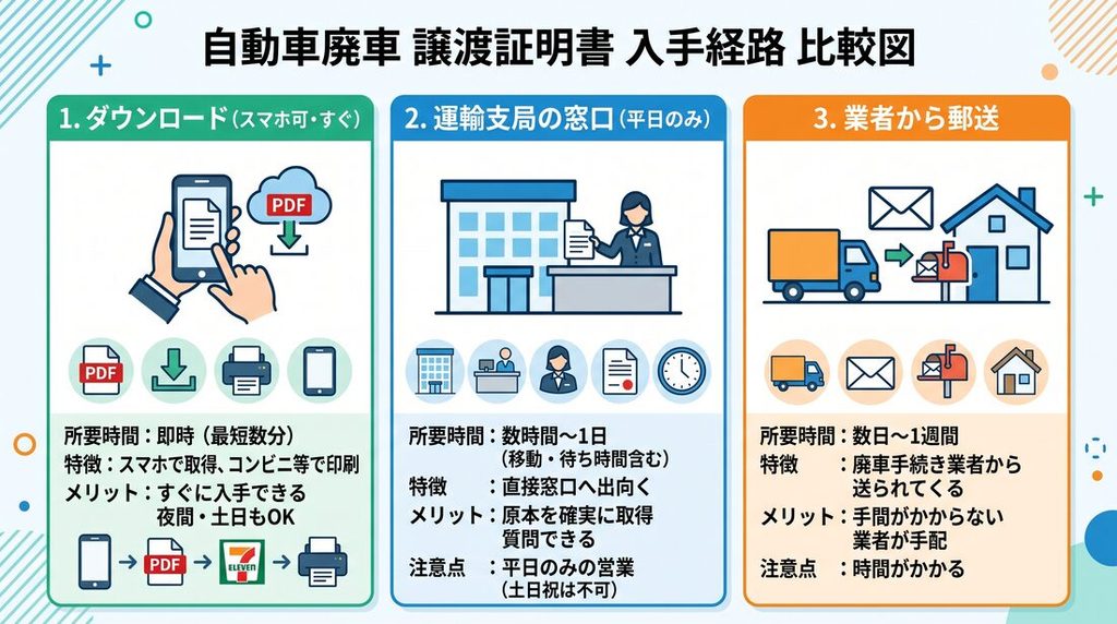 譲渡証明書の入手経路3つの比較図